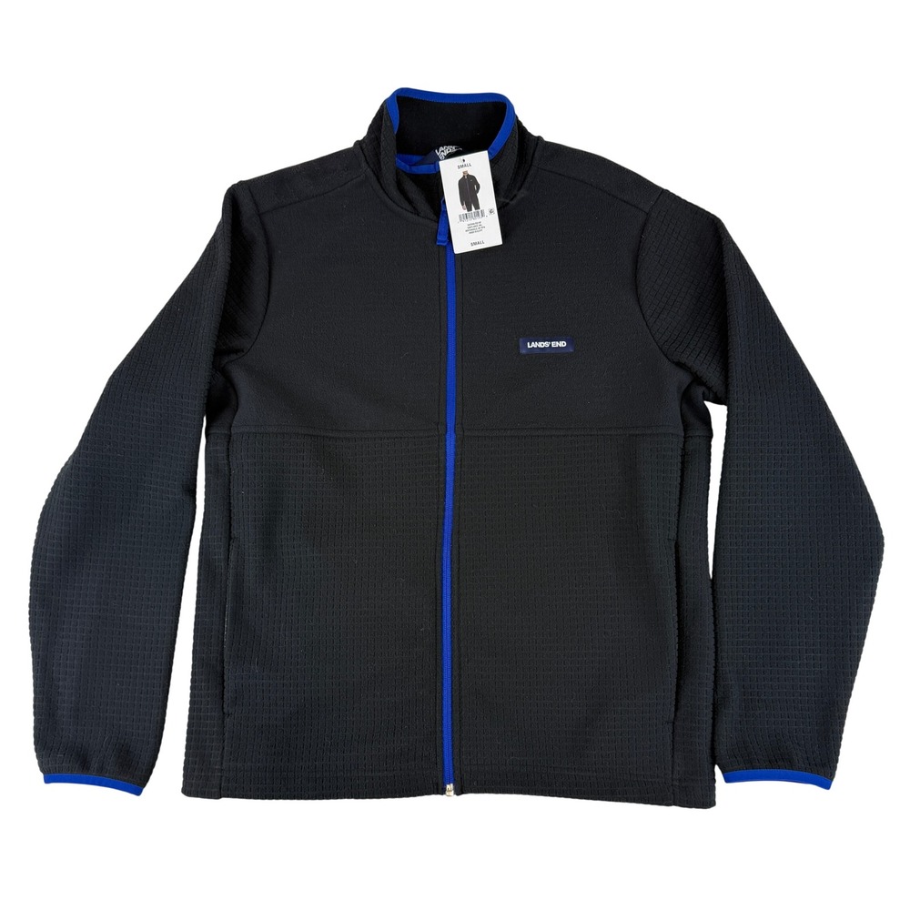 Lands' End Fleece Jacket Mens Small Black Blue Grid Fleece Hybrid Full Zip